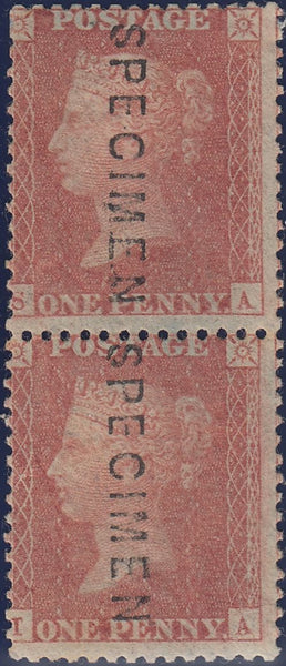 112438 - 1856 PL.35 BRICK RED (SG30) VERTICAL PAIR SA TA OVERPRINTED "SPECIMEN" TYPE 2 (SPEC C8s).