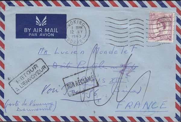 112460 1963 UNDELIVERED MAIL WOKING TO FRANCE WITH "RETURNED POSTAL PACKET" ENVELOPE.