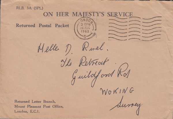 112460 1963 UNDELIVERED MAIL WOKING TO FRANCE WITH "RETURNED POSTAL PACKET" ENVELOPE.