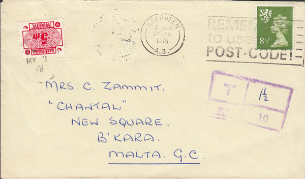 112461 1976 UNDERPAID MAIL ABERDEEN TO MALTA/POSTAGE DUE.