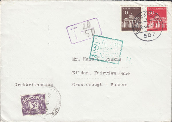 112471 1967 UNDERPAID MAIL GERMANY TO CROWBOROUGH SUSSEX.