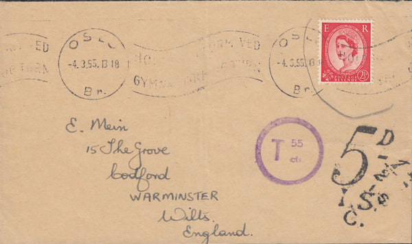 112495 1955 MAIL OSLO TO WARMINSTER/INVALID STAMP/POSTAGE DUE.