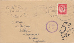 112495 1955 MAIL OSLO TO WARMINSTER/INVALID STAMP/POSTAGE DUE.