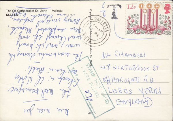 112514 1981 MAIL MALTA TO ENGLAND/INVALID STAMP.