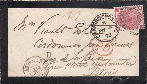 112768 1872 MOURNING ENVELOPE CHARING CROSS TO PARIS/3D ROSE PL.7 (SG103)(IB).