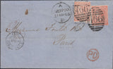 112769 1865 MAIL LIVERPOOL TO PARIS/4D PALE RED (SG80) X 2 (KK TJ).