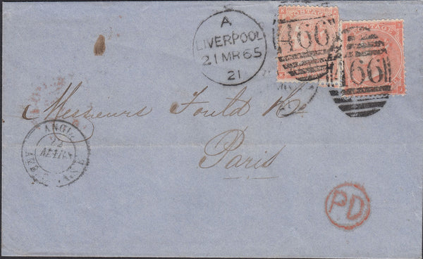 112769 1865 MAIL LIVERPOOL TO PARIS/4D PALE RED (SG80) X 2 (KK TJ).