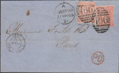 112769 1865 MAIL LIVERPOOL TO PARIS/4D PALE RED (SG80) X 2 (KK TJ).