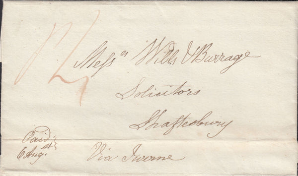 113028 1838 MAIL BLANDFORD TO SHAFTESBURY MANUSCRIPT "VIA IWERNE".