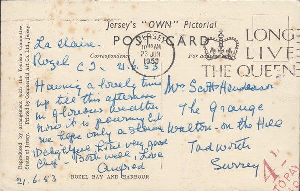 113075 1953 UNPAID MAIL JERSEY TO SURREY.