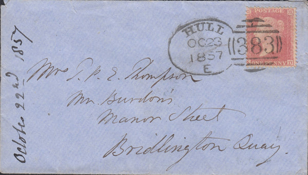 113113 1857 HULL SPOON TYPE C RECUT (RA41) ON COVER.