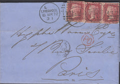 113117 1872 MAIL LIVERPOOL TO PARIS/1D PL.147 (SG43) X 3.