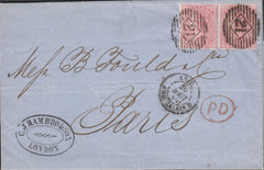 113167 1859 MAIL LONDON TO PARIS/4D CARMINE (SG66) X 2.