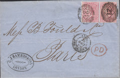 113167 1859 MAIL LONDON TO PARIS/4D CARMINE (SG66) X 2.