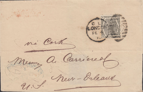 113187 1873 MAIL LONDON TO NEW ORLEANS USA/6D GREY PL.13 (SG147).