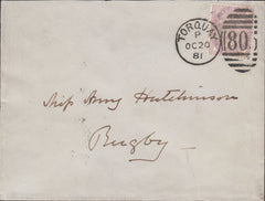 113291 1881 1D PALE LILAC (14 DOTS)(SG171) ON COVER TORQUAY TO RUGBY.
