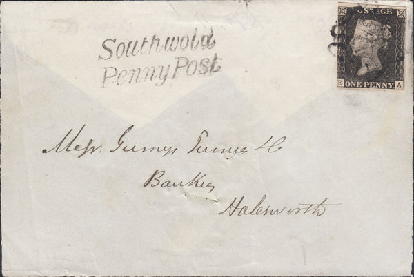 113389 1D GREY-BLACK PL.3 (EA)(SG3) ON FRONT/FLAP SOUTHWOLD TO HALESWORTH/"SOUTHWOLD PENNY POST" HAND STAMP (SK311).