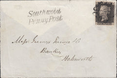 113389 1D GREY-BLACK PL.3 (EA)(SG3) ON FRONT/FLAP SOUTHWOLD TO HALESWORTH/"SOUTHWOLD PENNY POST" HAND STAMP (SK311).