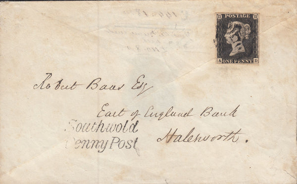 113406 1D GREY-BLACK PL.3 (SG3)(AD) ON COVER SOUTHWOLD TO HALESWORTH/'SOUTHWOLD PENNY POST' HAND STAMP (SK311).