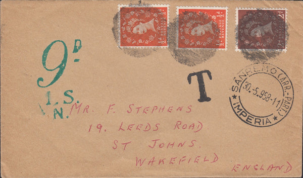 113429 1958 MAIL SAN REMO TO WAKEFIELD/STAMPS INVALID.