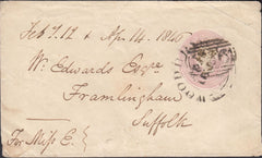 113451 1846 1D PINK ENVELOPE CANCELLED 1844 NUMERAL AND WOODBRIDGE DATE STAMP.