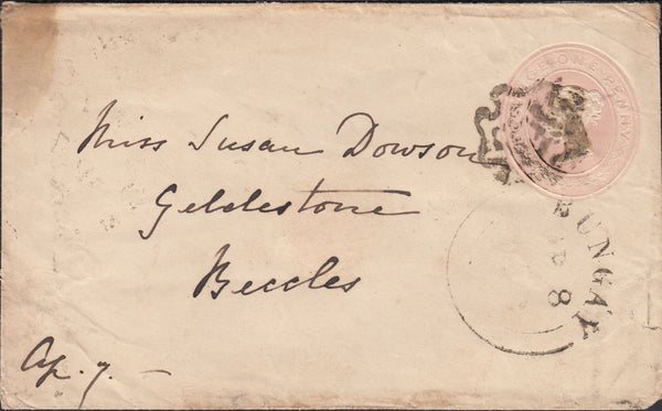 113465 1843 1D PINK ENVELOPE/DISTINCTIVE MALTESE CROSS OF NORWICH.