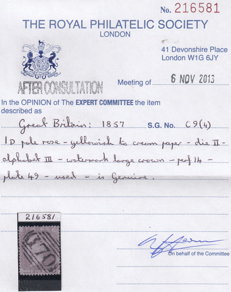113563 1857 DIE 2 1D PL.49 PALE ROSE ON TRANSITIONAL PAPER (SPEC C9(4)(JA).
