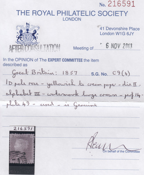 113569 1857 DIE 2 1D PL.49 PALE ROSE ON TRANSITIONAL PAPER (SPEC C9(4)(JA).