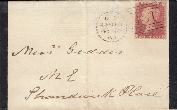 113815 1863 EDINBURGH DOTTED CIRCLE (RA5) ON MOURNING WRAPPER.