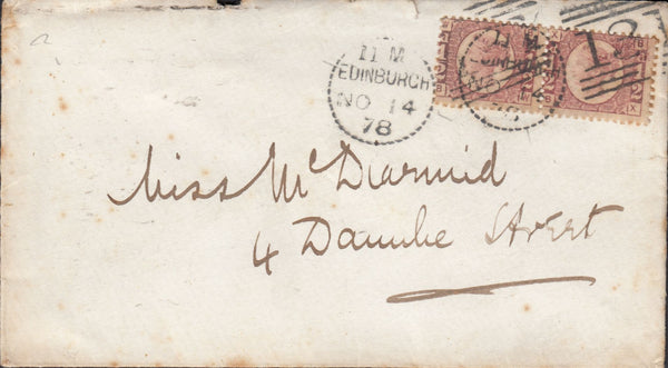 113831 1878 EDINBURGH DOTTED CIRCLE (RA11) ON COVER/½D PL.14 (SG48) X 2.