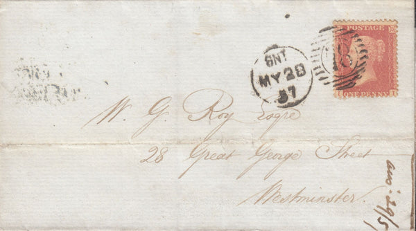 114164 1857 DIE 2 1D PL.27 'SAVOY STREET' PRINTING (C9A(2) ON COVER USED IN LONDON.