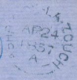 114255 1857 DIE 2 1D PL.40 ORANGE-BROWN ON BLUED PAPER (SG29 SPEC C8(5) ON COVER.