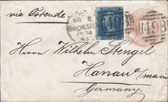 114365 1874 1D PINK ENVELOPE MANCHESTER TO GERMANY UPRATED WITH 2D BLUE (SG47).
