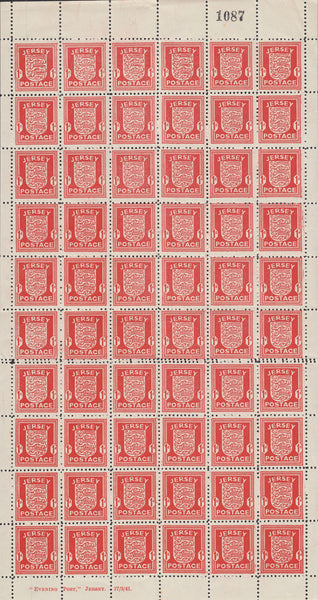 114371 1941 1D JERSEY 'ARMS' (SG2) COMPLETE SHEET DOUBLE PERFORATION ONE ROW.