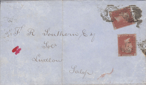 114427 1855 DIE 2 1D PL.14 LARGE CROWN 16 (SG26) X 2 ON COVER/MISSING IMPRIMATUR LETTERING.