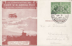 114440 1911 FIRST OFFICIAL U.K. AERIAL POST/LONDON POST CARD IN RED-BROWN TO GERMANY.