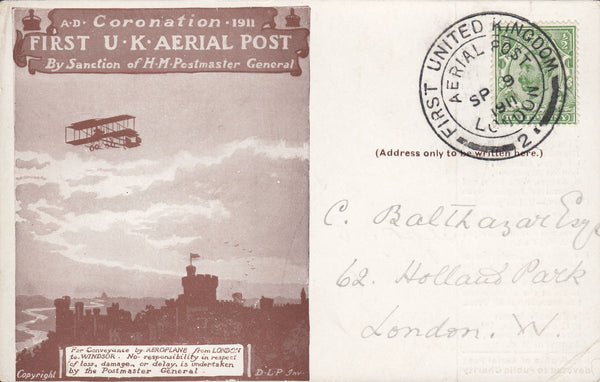 114446 1911 FIRST OFFICIAL U.K. AERIAL POST/LONDON POST CARD "REPRINT" IN BROWN.