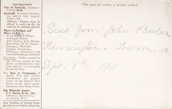 114446 1911 FIRST OFFICIAL U.K. AERIAL POST/LONDON POST CARD "REPRINT" IN BROWN.