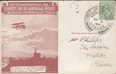 114447 1911 FIRST OFFICIAL U.K. AERIAL POST/LONDON POST CARD IN RED-BROWN.