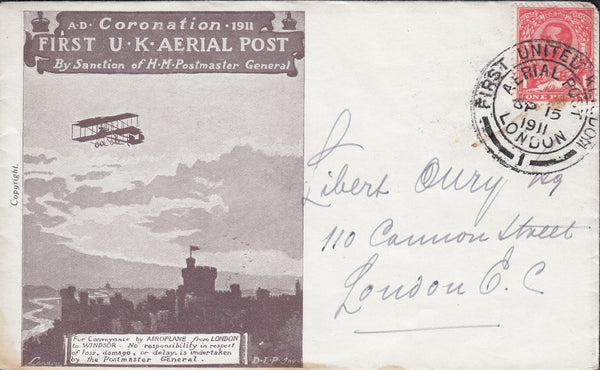 114451 1911 FIRST OFFICIAL U.K. AERIAL POST/LONDON ENVELOPE IN PURPLE-BROWN.