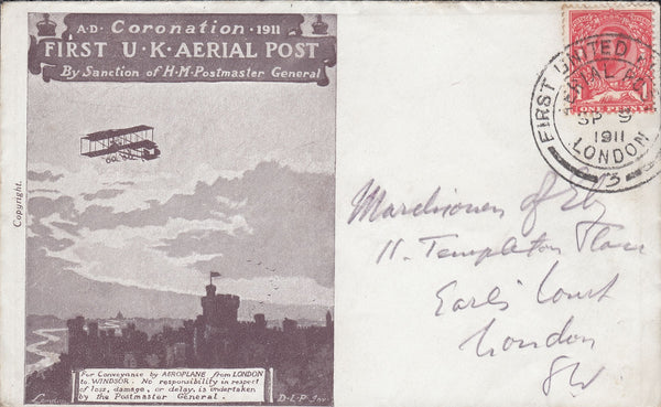 114457 1911 FIRST OFFICIAL U.K. AERIAL POST/LONDON ENVELOPE IN PURPLE-BROWN.