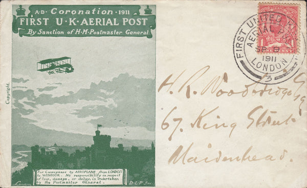 114459 1911 FIRST OFFICIAL U.K. AERIAL POST/LONDON ENVELOPE IN BRIGHT GREEN TO MAIDENHEAD.