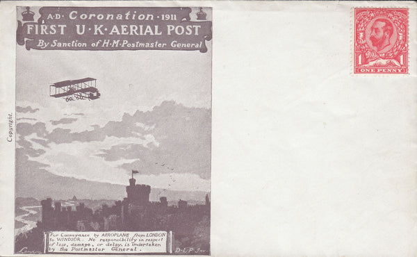 114463 1911 FIRST OFFICIAL U.K. AERIAL POST/LONDON ENVELOPE IN PURPLE-BROWN UNUSED.