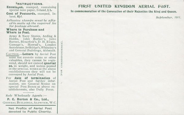 114464 1911 FIRST OFFICIAL U.K. AERIAL POST/LONDON ENVELOPE IN BRIGHT GREEN UNUSED.