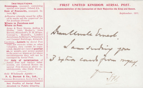 114465 1911 FIRST OFFICIAL U.K. AERIAL POST/LONDON ENVELOPE IN SCARLET.