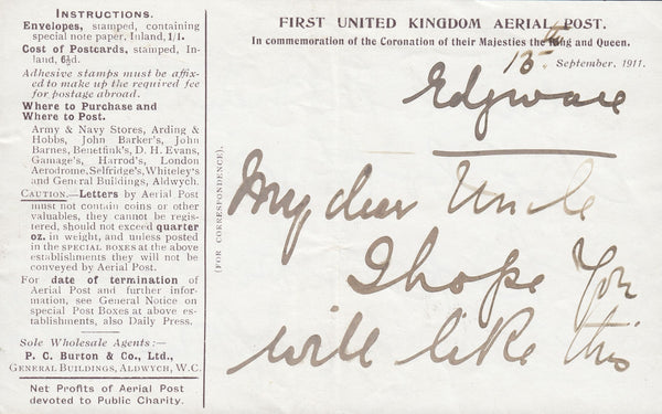 114466 1911 FIRST OFFICIAL U.K. AERIAL POST/LONDON ENVELOPE IN PURPLE-BROWN TO SWANSEA.