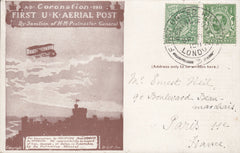 114468 1911 FIRST OFFICIAL U.K. AERIAL POST/LONDON POST CARD IN RED-BROWN TO FRANCE.