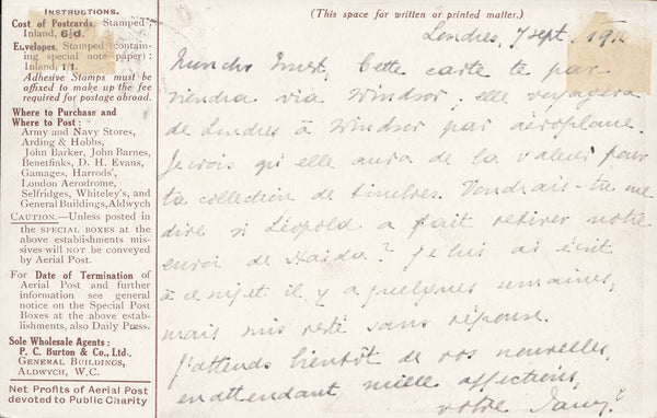 114468 1911 FIRST OFFICIAL U.K. AERIAL POST/LONDON POST CARD IN RED-BROWN TO FRANCE.