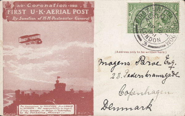 114472 1911 FIRST OFFICIAL U.K. AERIAL POST/LONDON POST CARD IN RED-BROWN TO DENMARK.