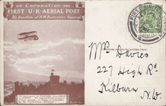 114474 1911 FIRST OFFICIAL U.K. AERIAL POST/LONDON POST CARD IN DARK BROWN.